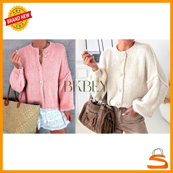 Chunky Knit Cardigan Oversized Fit Lantern Sleeve Button Up Cozy Sweater - Picture 7 of 7